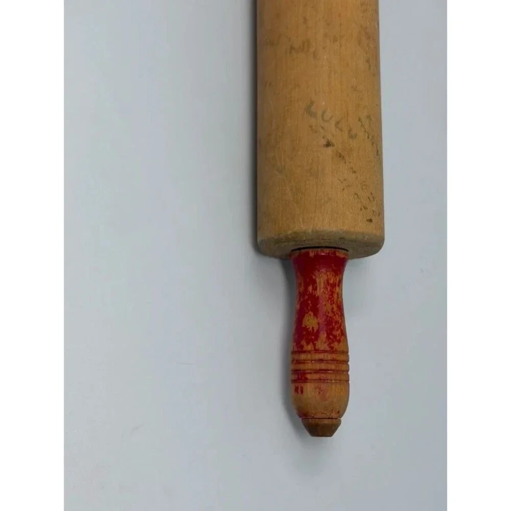 Vintage Signed Wooden Rolling Pin Red Handles Novelty Guest Book Bridal Gift